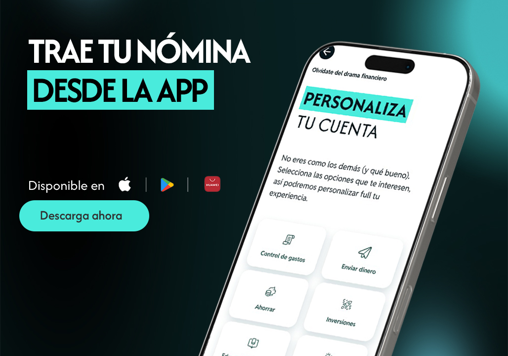 Trae tu nómina desde la app, texto descarga ahora, logo Apple, logo Play store google, celular, texto ven con nosotros