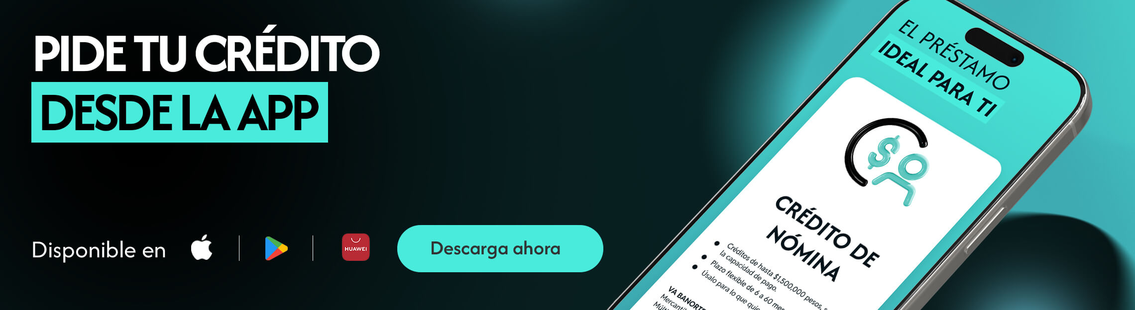 Celular, iPhone, texto abre tu cuenta desde la app, texto descarga ahora, logo Apple, logo Play Store, texto ven con nosotros