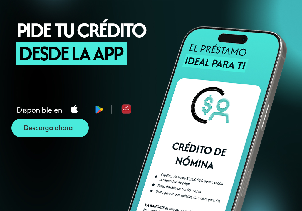 Celular, iPhone, texto abre tu cuenta desde la app, texto descarga ahora, logo Apple, logo Play Store, texto ven con nosotros
